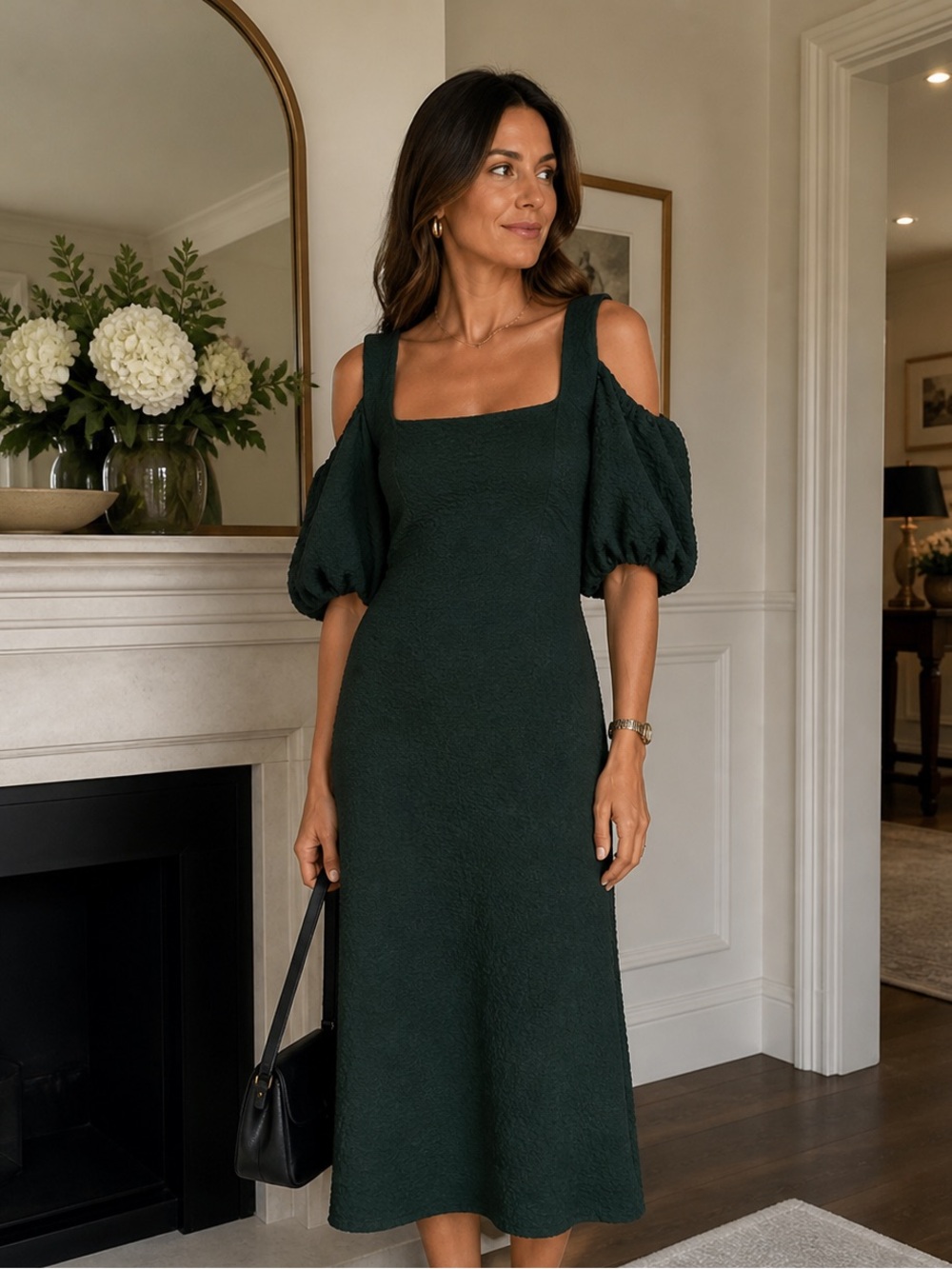 STINE GOYA Forest Green Puff-Sleeve Square-Neck Midi Dress